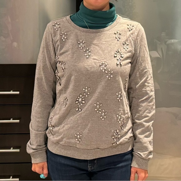 Soft Joie Embellished Rhinestone Gray Crew Neck Pullover Sweatshirt - Picture 8 of 12